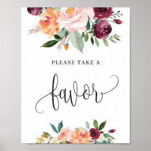 Poster Panneau de faveur floral bordeaux rouge automne