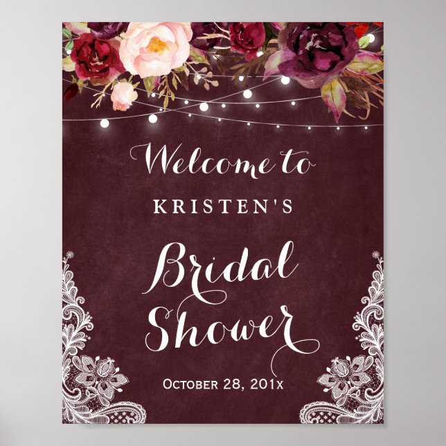 Poster Panneau de Fête de Mariage Floral Burgundy avec Gu (Devant)