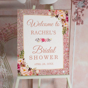 Poster Panneau de Fête de Mariage Floral Pailleté Or Rose