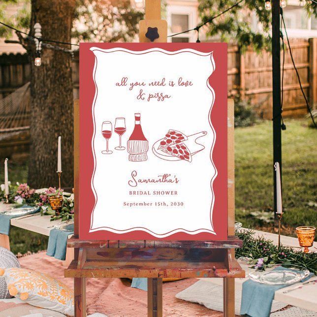 Poster Panneau de Fête des mariées à vin de pizza italien (Hand Drawn Italian Pizza Wine Bridal Shower Sign)