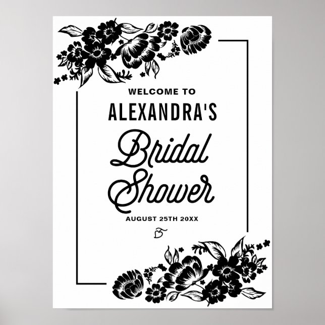 Poster Panneau de Fête des mariées Black Modern Floral Ac (Devant)