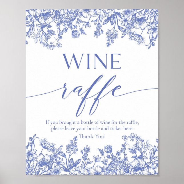 Poster Panneau de Fête des mariées Blue Floral Wine Raffl (Devant)