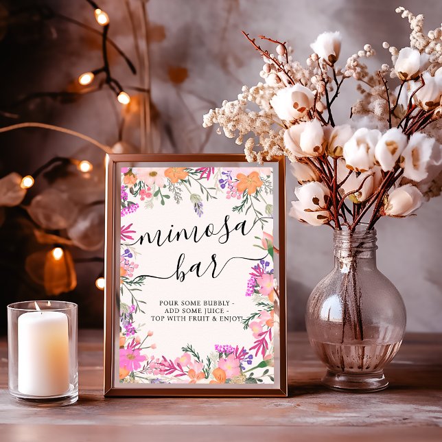 Poster Panneau de Fête des mariées Boho Floral Mimosa Bar (Boho Floral Mimosa Bar Bridal Shower Sign)