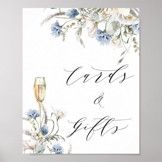 Poster Panneau de Fête des mariées Cartes Florales Bleues (Devant)