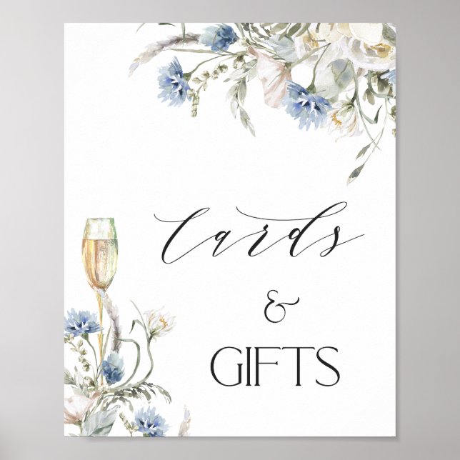 Poster Panneau de Fête des mariées Cartes Florales Bleues (Devant)