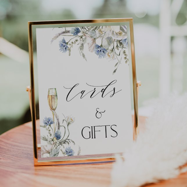 Poster Panneau de Fête des mariées Cartes Florales Bleues (Boho Blue Floral Cards and Gifts Bridal Shower Sign, Blue Cornflowers, Bridal Shower Gifts Card Sign)