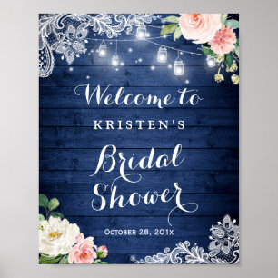 Poster Panneau de Fête des mariées florale à chaîne bleue