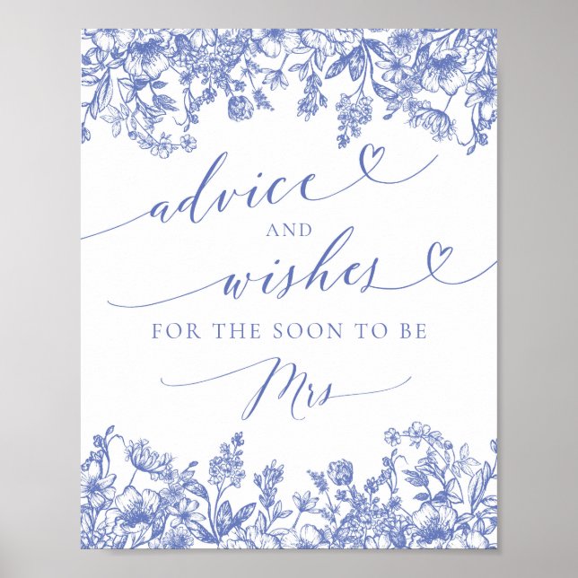 Poster Panneau de Fête des mariées Florale Bleue Conseils (Devant)