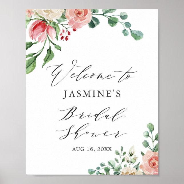 Poster Panneau de Fête des mariées Florale Rose Aquarelle (Devant)