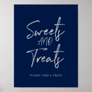 Poster Panneau de fête moderne argent et marine Sweets &