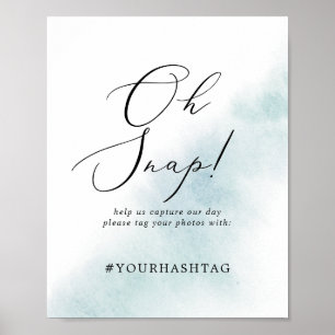Poster Panneau de Hashtag Mariage Watercolor Blue Oh Snap
