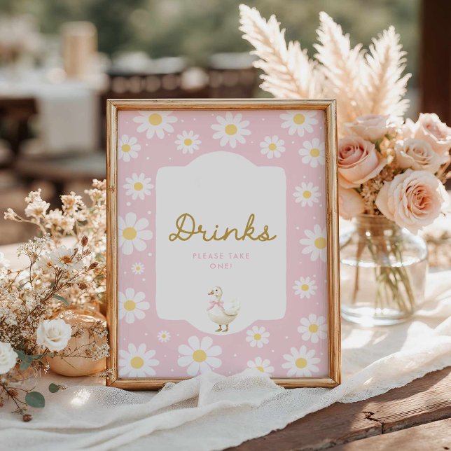 Poster Panneau de la barre des boissons rose Silly Goose  (Pink Silly Goose Girl Baby Shower Drinks sign)