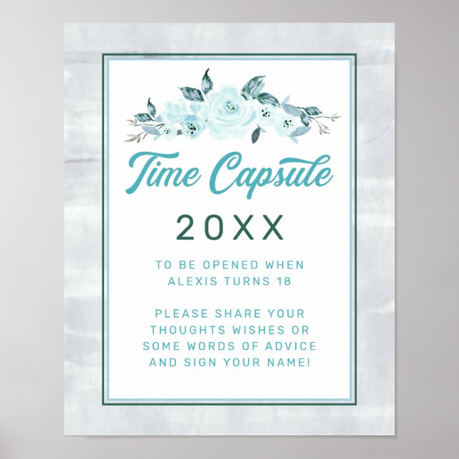 Poster Panneau de la capsule de temps Floral Aqua & Blue  (Devant)