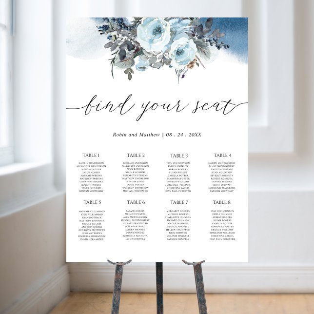 Poster Panneau de la carte de mariage élégant Floral Bleu (Créateur téléchargé)