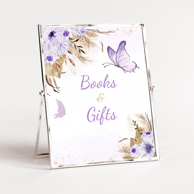 Poster Panneau de livres et cadeaux de Baby Shower Papill (Purple Butterfly Baby Shower Books and Gifts Sign)
