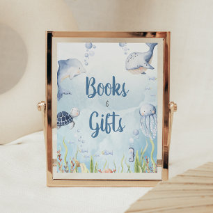 Poster Panneau de livres et cadeaux de douche Bleu sous l