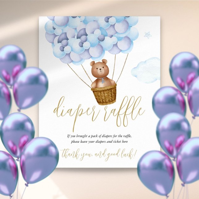 Poster Panneau de loto de couche Ours en Teddy Bleu Baby  (Diaper Raffle Teddy Bear Blue Baby Shower Sign)