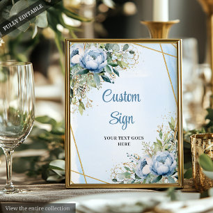 Poster Panneau de mariage à cadre doré avec fleurs bleues
