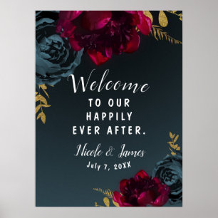Poster Panneau de mariage à la verdure dorée florale bleu
