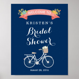 Poster Panneau de mariage à vélo bleu marine corail rose