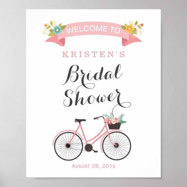 Poster Panneau de mariage à vélo floral rose Blush (Devant)