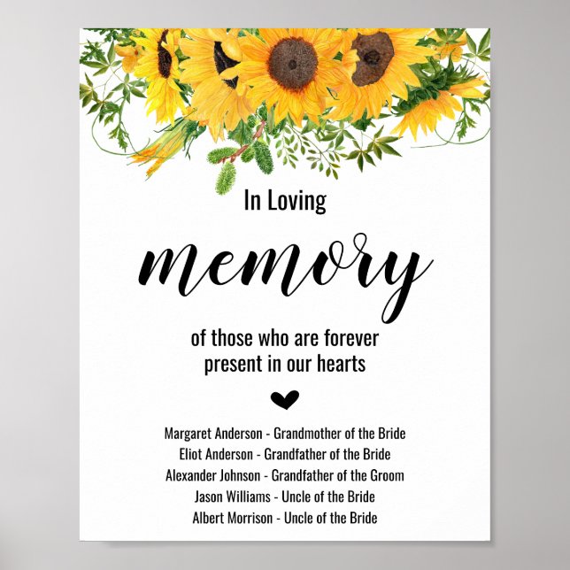 Poster Panneau de mariage aux tournesols In Loving Memory (Devant)
