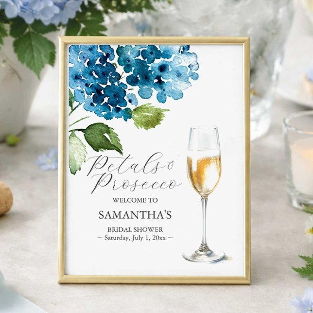Poster Panneau de mariage avec pétales et prosecco imprim (Blue petals and prosecco bridal shower welcome sign designed with watercolor hydrangeas )