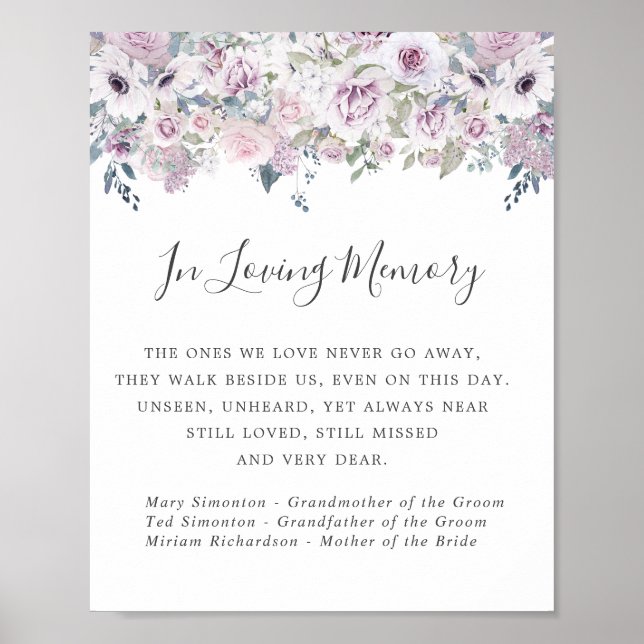 Poster Panneau de mariage commémoratif floral blanc pourp (Devant)