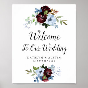 Poster Panneau de mariage d'accueil fleuri bleu outremer
