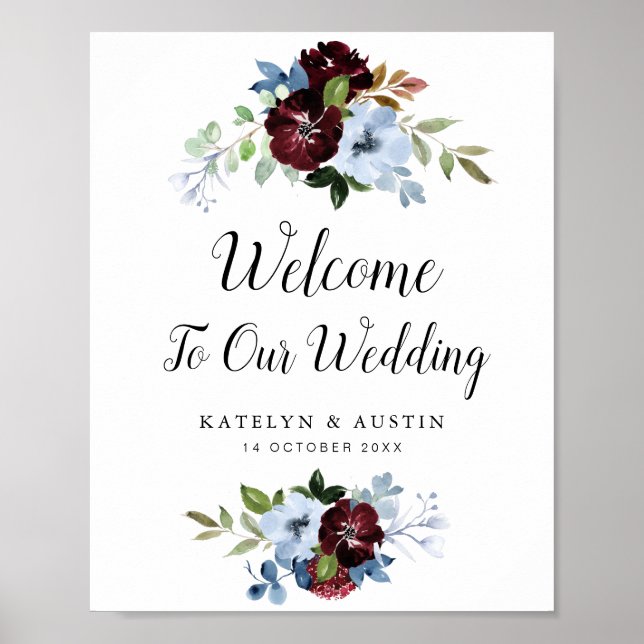Poster Panneau de mariage d'accueil fleuri bleu outremer (Devant)