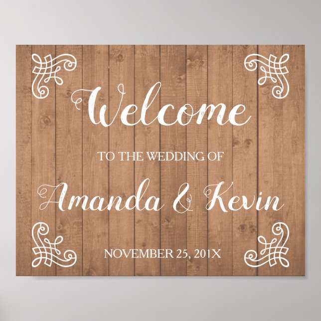 Poster Panneau de mariage de bienvenue en bois rustique (Devant)