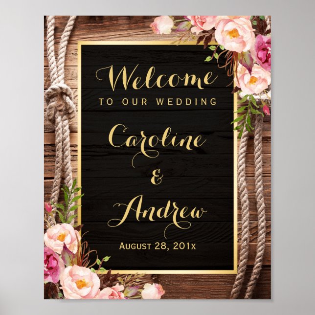 Poster Panneau de Mariage de bienvenue Rustique Floral Gr (Devant)