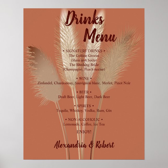 Poster Panneau de mariage de signe de boissons Menu Pampa (Devant)