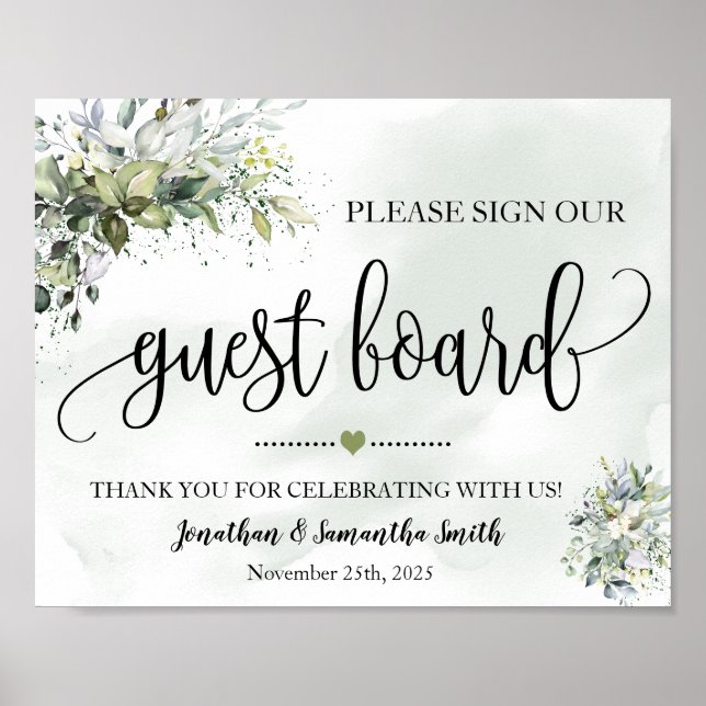 Poster Panneau de mariage eucalyptus succulent "Signez no (Devant)