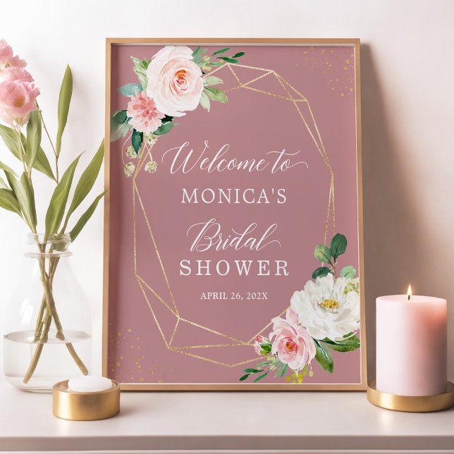 Poster Panneau de Mariage Fleur Rose Poussière Doré (Créateur téléchargé)