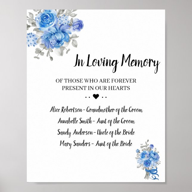 Poster Panneau de mariage Fleurs bleues en mémoire affect (Devant)