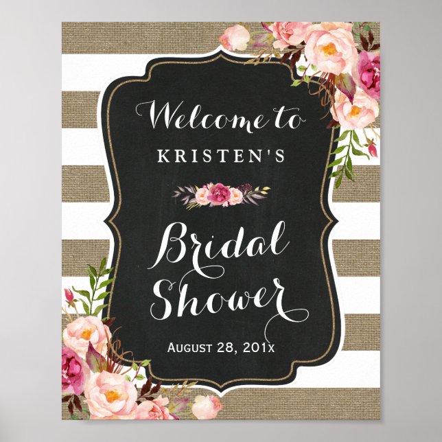 Poster Panneau de Mariage Floral à Rayures de Jute Rustiq (Devant)