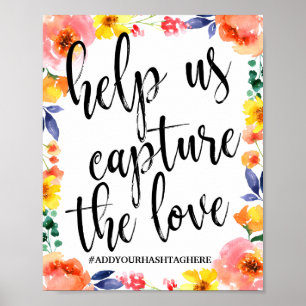 Poster Panneau de mariage floral aquarelle 8x10 avec hash