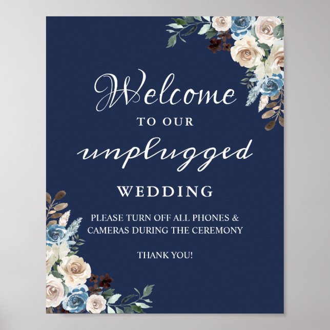 Poster Panneau de mariage floral bleu marine sans apparei (Devant)
