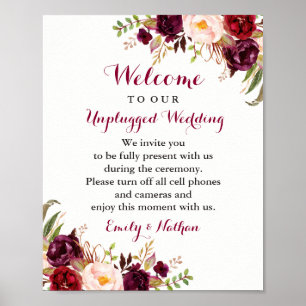 Poster Panneau de mariage floral burgundy débranché
