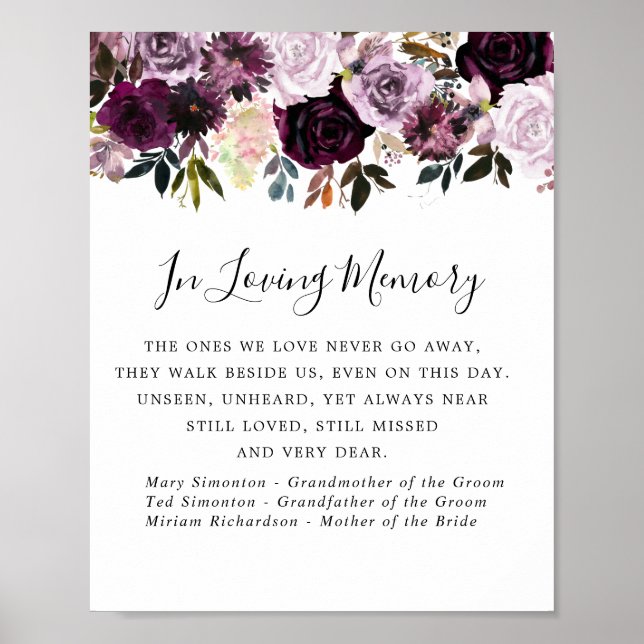 Poster Panneau de mariage floral rose violet en mémoire (Devant)