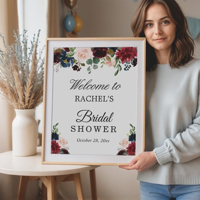 Poster Panneau de mariage floral rouge burgundy rose bleu (Créateur téléchargé)