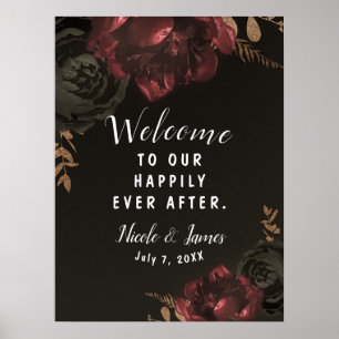 Poster Panneau de mariage floral sombre marron humeur or
