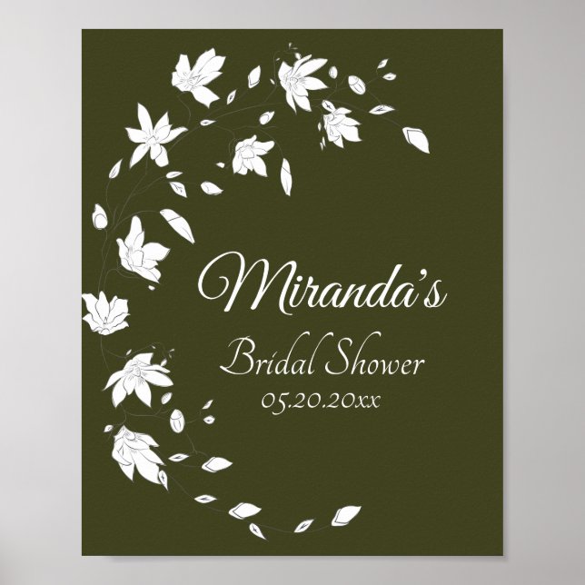 Poster Panneau de mariage floral vert et blanc d'automne (Devant)