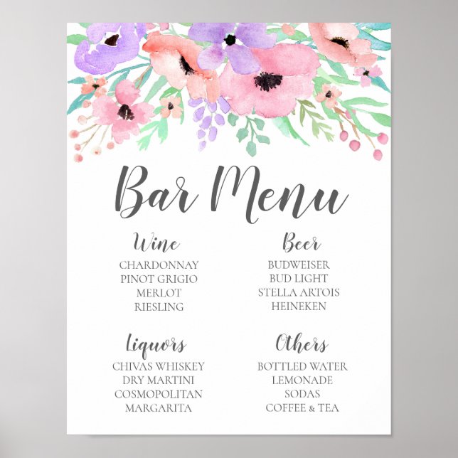 Poster Panneau de mariage – Menu de bar Panneau floral aq (Devant)