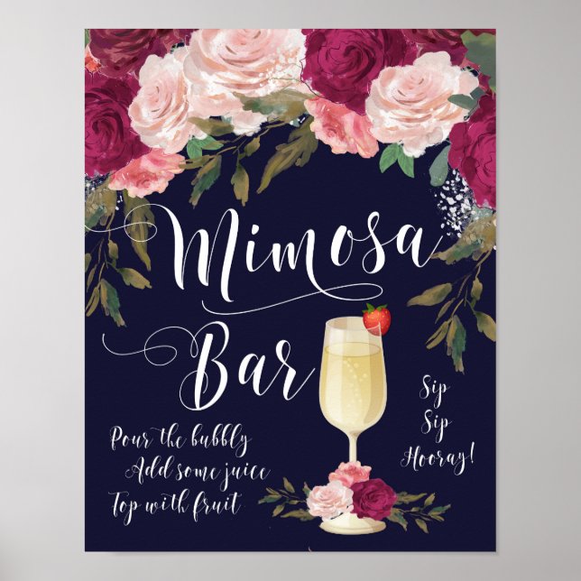 Poster Panneau de mariage Mimosa Bar avec des fleurs Navy (Devant)