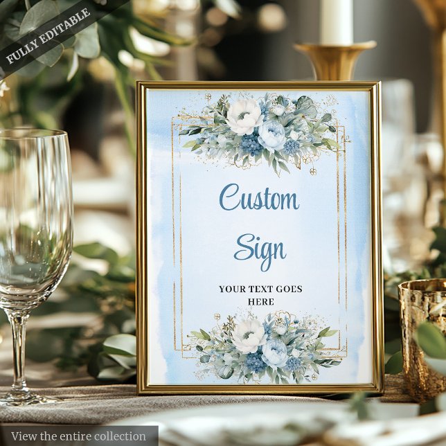 Poster Panneau de mariage personnalisé floral bleu poussi (Elegant Dusty Blue Floral Custom Wedding Sign

)
