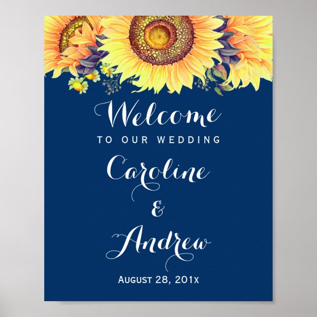 Poster Panneau de Mariage Rustique Sunflowers Blue Welcom (Devant)