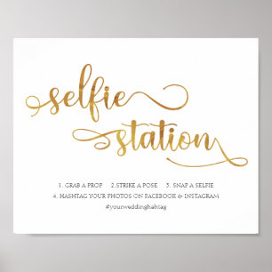 Poster Panneau de mariage tendance or blanc "Station Self