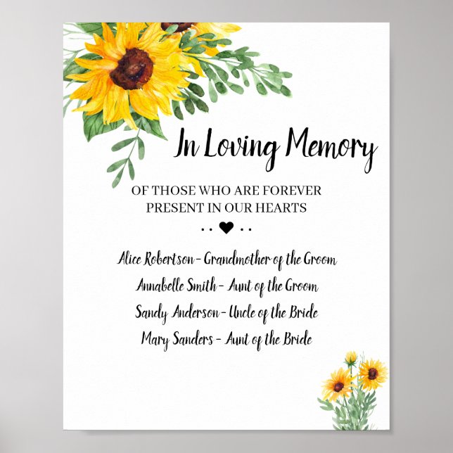 Poster Panneau de mariage Tournesols Verdure En souvenir  (Devant)